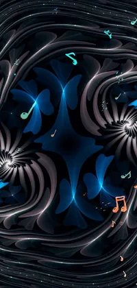 This phone live wallpaper features a stunning computer generated image of blue and black spirals set against an ornate Giger background