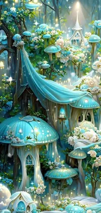 Looking for a stunning live wallpaper that will transport you to a mystical fairy tale world? Look no further than this beautiful mobile wallpaper! Featuring a fairy castle at the heart of a lush forest, this fantasy art live wallpaper is filled with magical details like glowing teal hues, mushroom-shaped houses, and enchanting plants and flowers in the foreground and background