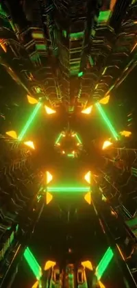 This phone live wallpaper features a dynamic display of green and yellow lights in a dark room, creating a kaleidoscope of machine guns and pulsing neon lights