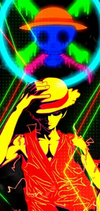 Looking for an eye-catching neon phone wallpaper? Check out this digital art creation! Featuring a man holding a frisbee over his head and wearing a top hat, this colorful design was inspired by popular anime