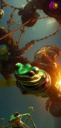 Experience a breathtaking fantasy artwork on your phone with this live wallpaper featuring a mechanized frog perched aside a street light and a sprawling tree