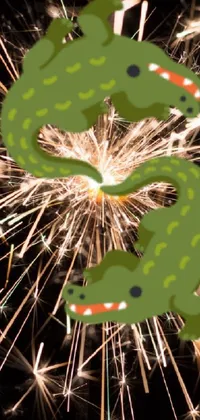 This phone wallpaper showcases a colorful firework close-up featuring a fun dinosaur twist