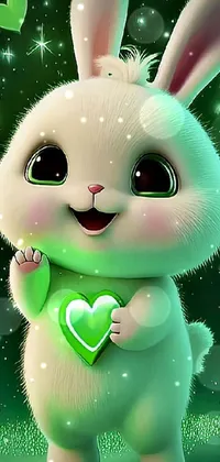 This phone wallpaper showcases an adorable cartoon bunny holding a vibrant green heart