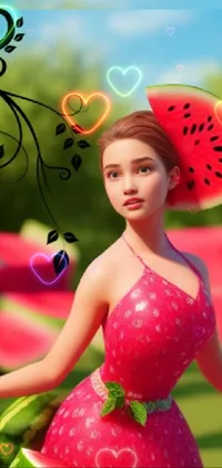 This phone live wallpaper features a stunning digital artwork of a woman in a pink dress holding a watermelon