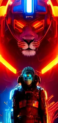 This live wallpaper showcases a breathtaking artwork of a man standing in front of an enormous robot, surrounded by stunning neon cats and otherworldly visuals