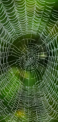 The spider web-covered phone live wallpaper features a unique stipple illustration atop a green mist background