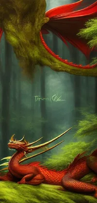 This live phone wallpaper features a stunning red dragon sitting proudly on top of a lush green forest