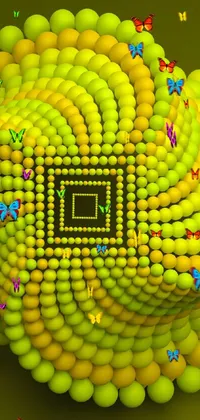 This stunning phone live wallpaper features a mesmerizing kaleidoscopic pattern of green and yellow balls, arranged to create an infinite fractal mandala tunnel effect