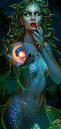 This live phone wallpaper depicts a mesmerizing image of a woman with a snake around her neck, holding a glowing orb