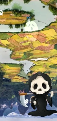 This live wallpaper features a cute panda bear resting on a green hillside surrounded by a vibrant landscape