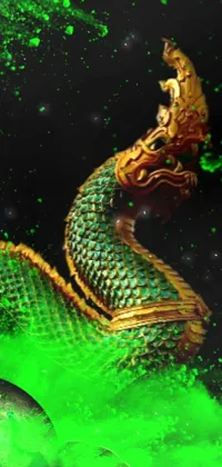This stunning live wallpaper features a green and gold dragon statue in the style of cloisonnism, with a giant snake coiled around its body