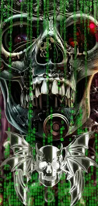 This live phone wallpaper features a close-up of a cyberpunk-inspired skull poster, set against a backdrop of a robot factory