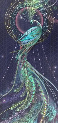 This live wallpaper features an ultrafine painting of a peacock on a black background