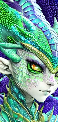 This stunning live wallpaper features a vivid close-up of a green-scaled dragon perched atop a beautiful elf maiden's head