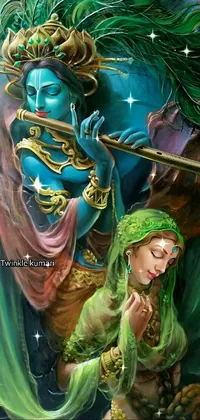 Immerse yourself in a stunning and intricate live wallpaper for your phone depicting a woman playing the flute surrounded by gorgeous hues of cyan and green