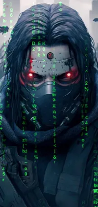 This dynamic phone live wallpaper features cyberpunk artwork, complete with a man sporting a winter soldier mask and ominous red eyes