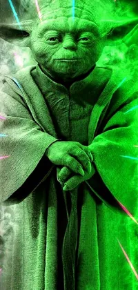 This mobile wallpaper showcases a close-up shot of iconic Star Wars character Yoda with a striking green light in the background