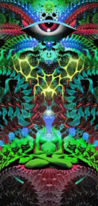 This phone live wallpaper features a psychedelic digital art scene depicting a person sitting in a lotus position amidst a lush green landscape with Quetzalcoatl, the feathered serpent god, present