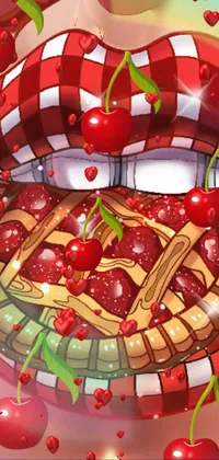 This live wallpaper for mobile phones showcases a mouth with a decadent pie resting on it