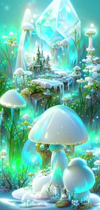This stunning phone live wallpaper features a group of intricate mushrooms sitting on a lush green field in a magical kingdom