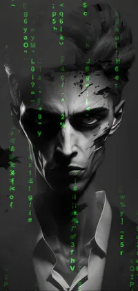 This phone live wallpaper features a striking black and white digital art of a zombie with white eyes