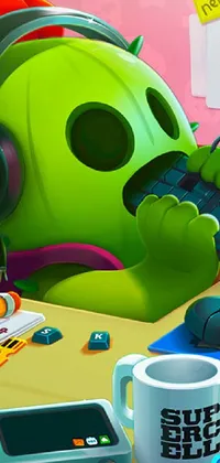 Get the ultimate phone live wallpaper featuring a stylish cartoon character creating concept art at a desk, along with a menacing slime monster