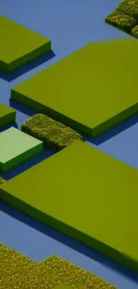 This live wallpaper boasts a group of green blocks atop a blue surface, featuring a digital rendering inspired by Malevich's art