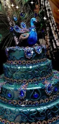 This three-tiered cake live wallpaper features intricate lace-like patterns and gold accents, with a peacock feather motif on the top tier
