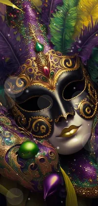 Get ready to add some royal flair to your phone with this stunning live wallpaper featuring a digital rendering of a colorful mask with feathers and jewels