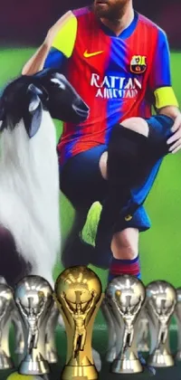 This phone live wallpaper depicts a soccer player basking in glory holding up trophies against the stunning backdrop of Barcelona