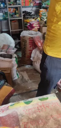This live wallpaper features an intriguing scene of a man wearing a yellow shirt surrounded by various bags and items in a dimly lit room