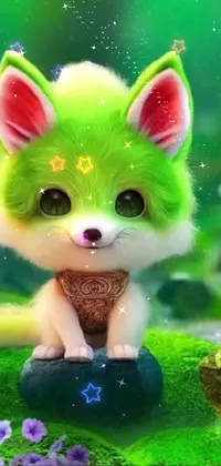 Transform your mobile phone background with the charming green fox live wallpaper! Depicted atop a lush green field, this 3D animal cutie has an endearing smile and big adorable eyes