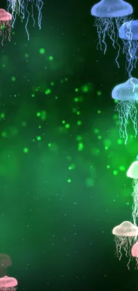 This stunning phone live wallpaper showcases a group of mesmerizing jellyfish floating gracefully in clear water