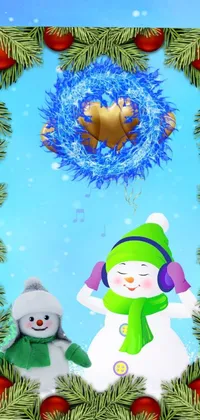 This exquisite live wallpaper features a delightful winter wonderland with a snowman and a teddy bear standing shoulder to shoulder