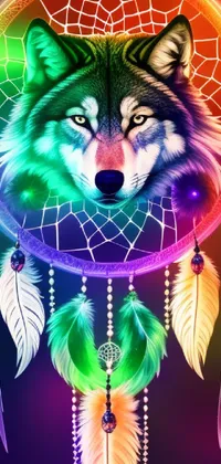 This gorgeous phone live wallpaper features a vibrant and colorful vector art illustration of a sleeping wolf adorned with a dream catcher