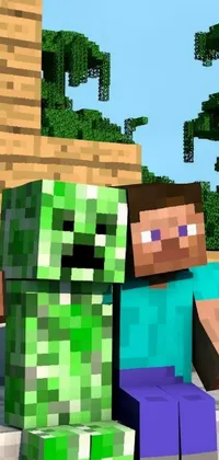 This Minecraft themed phone live wallpaper features two digital game characters, a creeper and an unidentified one, hugging intimately under clear blue skies