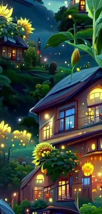 Introducing a stunning live phone wallpaper featuring a beautiful house and sunflowers in front of it set in a magical forest with glowing fireflies