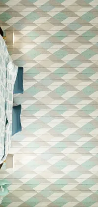This phone live wallpaper features a retro-modern op-art bath room with toilet and bathtub, rendered digitally in pale cyan and grey fabric-inspired patterns