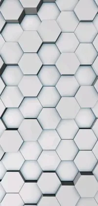This live phone wallpaper boasts a striking pattern of white hexagons stacked atop one another in a mesmerizing wall structure