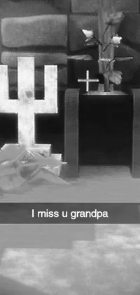 This black and white phone live wallpaper features a poignant image of a grandparent with the words "i miss u grandpa"