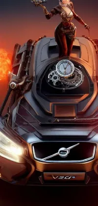 Get ready for a unique and captivating phone live wallpaper featuring a female character sitting on top of a stylish car