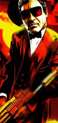 This phone live wallpaper features a dynamic image with a man in a bold red suit holding a gun