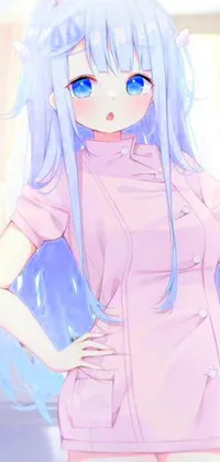 This animated wallpaper depicts a stunning anime character posing for a photograph in a pink dress, with her blue hair cascading down her back