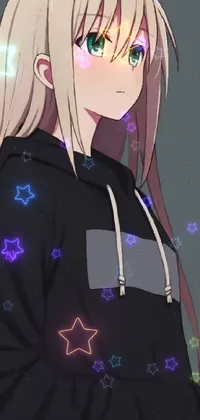 Get mesmerized by this phone live wallpaper featuring a girl in a black hoodie, sporting long straight blonde hair and a soft pastel color palette