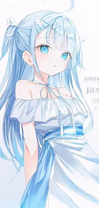 This phone live wallpaper showcases a captivating anime art of a charming female character with stunning blue hair against a holographic background