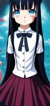 This live wallpaper for your phone features a stunning illustration of a mysterious schoolgirl with long black hair wearing a classic uniform