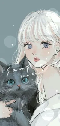 Discover a stunning phone live wallpaper of an anime-style illustration depicting a charming girl cradling a playful cat with a furry art aesthetic