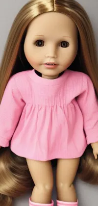 This phone live wallpaper features a close up of a beautiful doll with long blonde hair, wearing a pink shirt and sporting a cute and playful expression