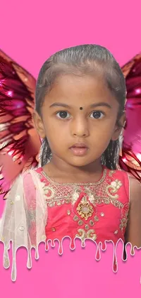 This delightful phone live wallpaper features a little girl with angel wings set against a vivid pink background