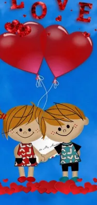 This mobile wallpaper showcases a charming image of two kids standing together holding red balloons against a blue sky background